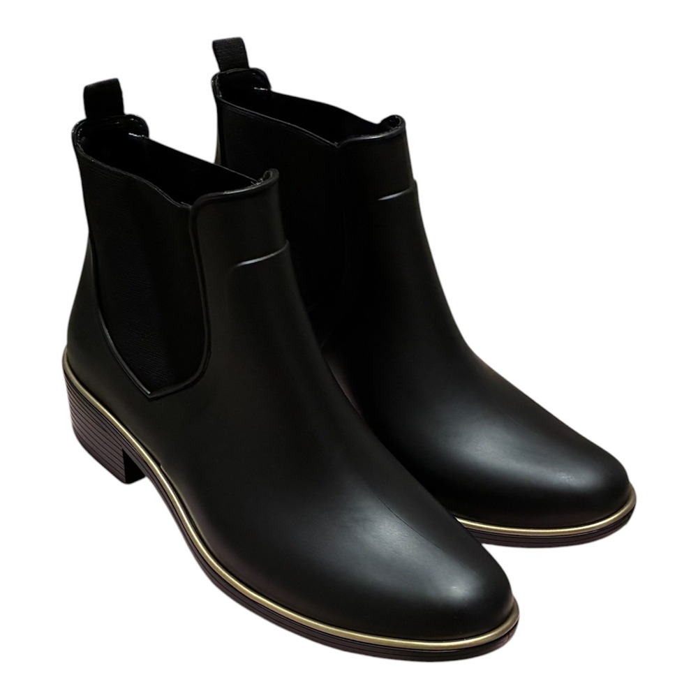 Kate Spade Suzanne Rain Boots Black Rubber Gold Trim Chelsea Booties Size 9 B